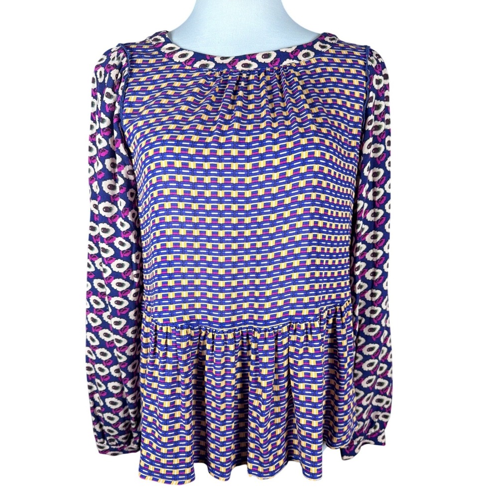 Maeve Anthropologie Womens Small Mixed Print Peplum Blouse Navy Floral Geometric